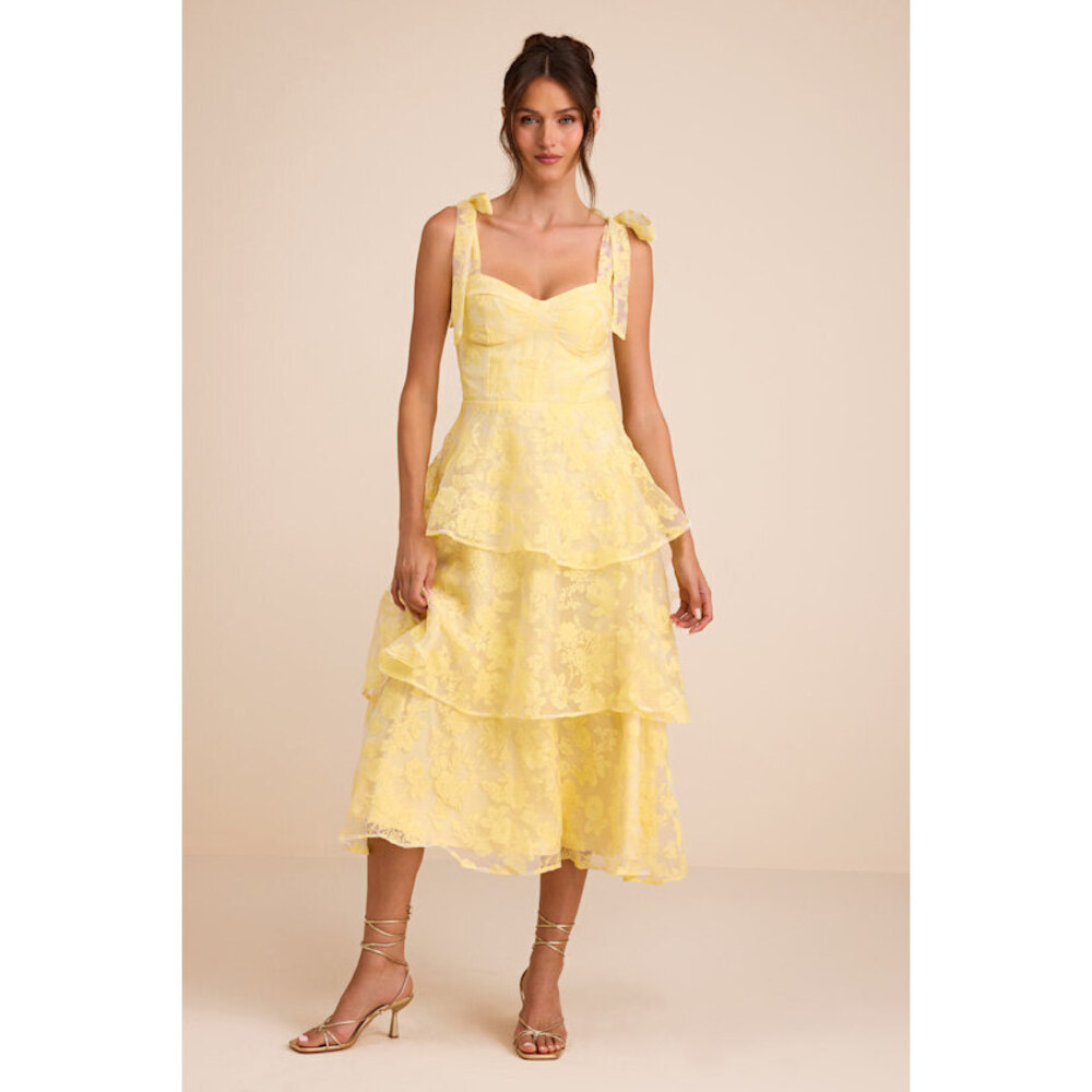 Lulus Glamorous Sweetie Yellow Burnout Tie-strap Bustier Midi Dress - Size XL